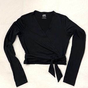 EUC JoyLab black balletcore wrap crop top with thumb holes, size small